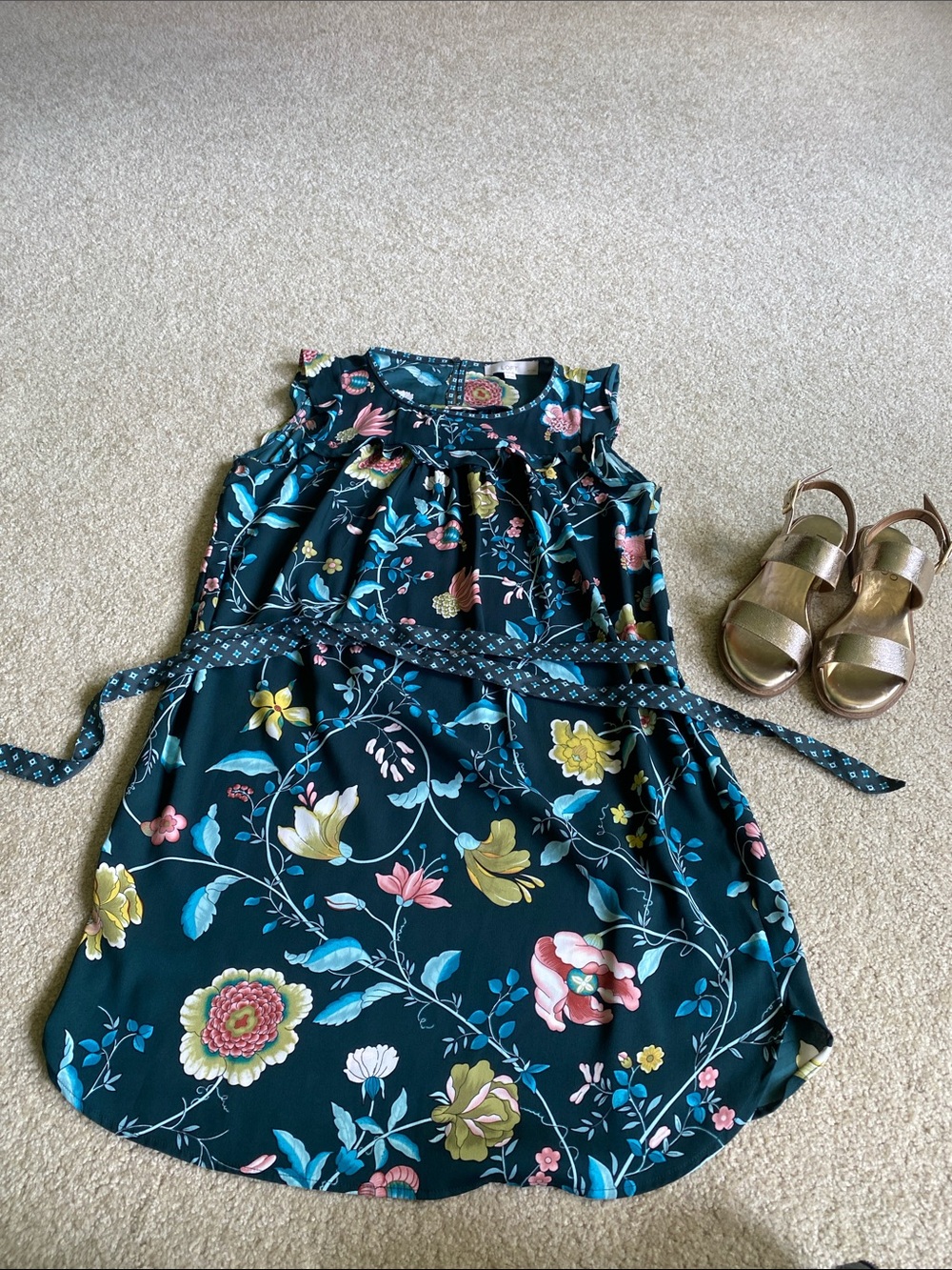 LOFT Teal Floral Belted Mini Dress